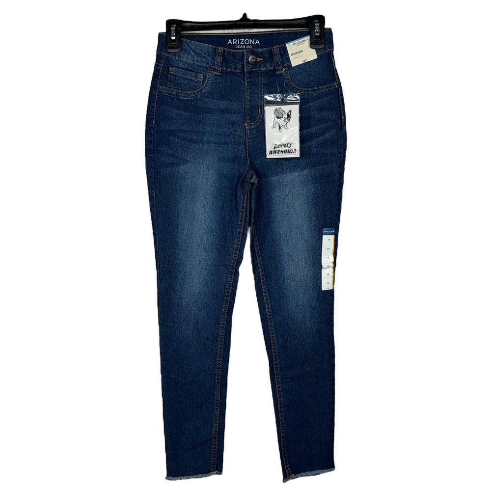 Arizona Youth Girls SZ 14 Jegging Jeans Stretch Frayed Hem Whiskered Medium Wash